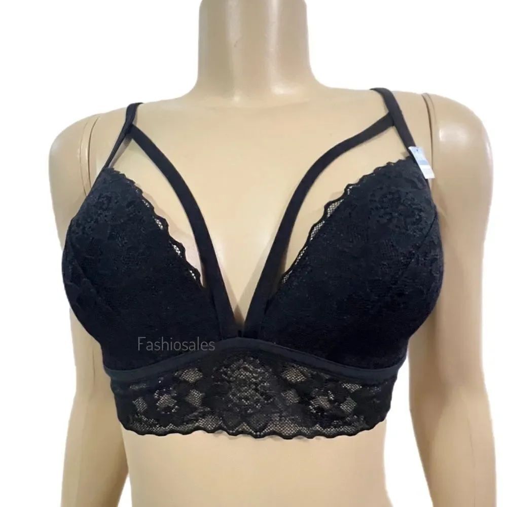 Victorias Secret Pink lightly lined Wireless lace Strappy bralette black Large